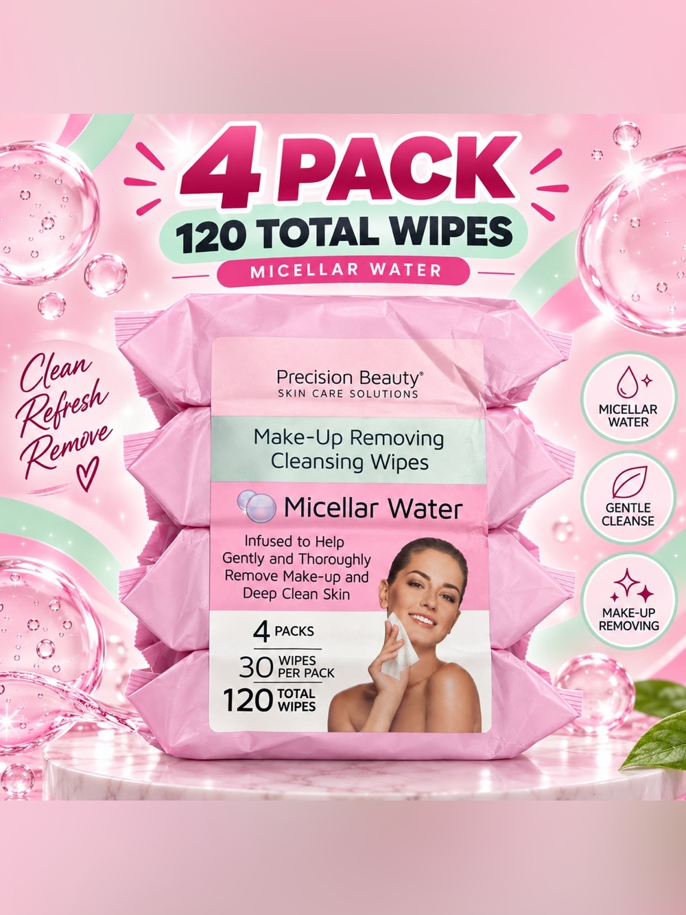 Precision Beauty Micellar Water Make-Up Removing Cleansing Wipes - 4 packs